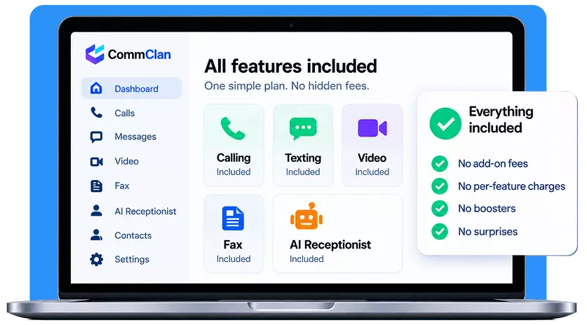 CommClan dashboard showing all features included