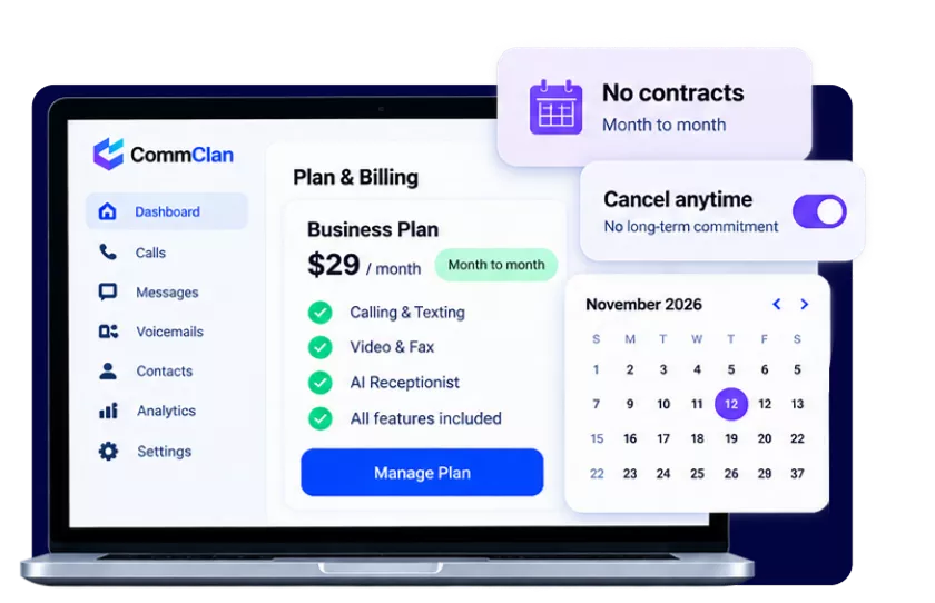 CommClan plan and billing dashboard showing no-contract pricing